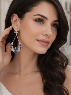 Blue & Beige Statement Drop Earrings | Silver Tone | Boutique Style